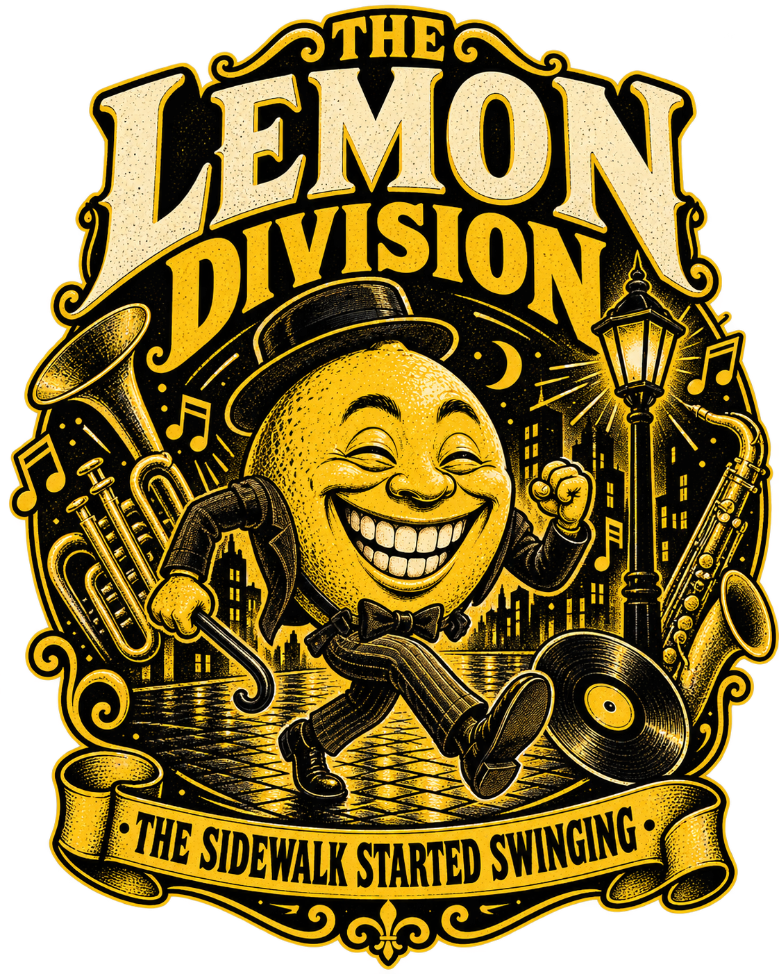 Vintage-style illustration for The Lemon Division: a grinning lemon gentleman in a bowler hat strolling past a street lamp with brass instruments and a record, captioned The Sidewalk Started Swinging