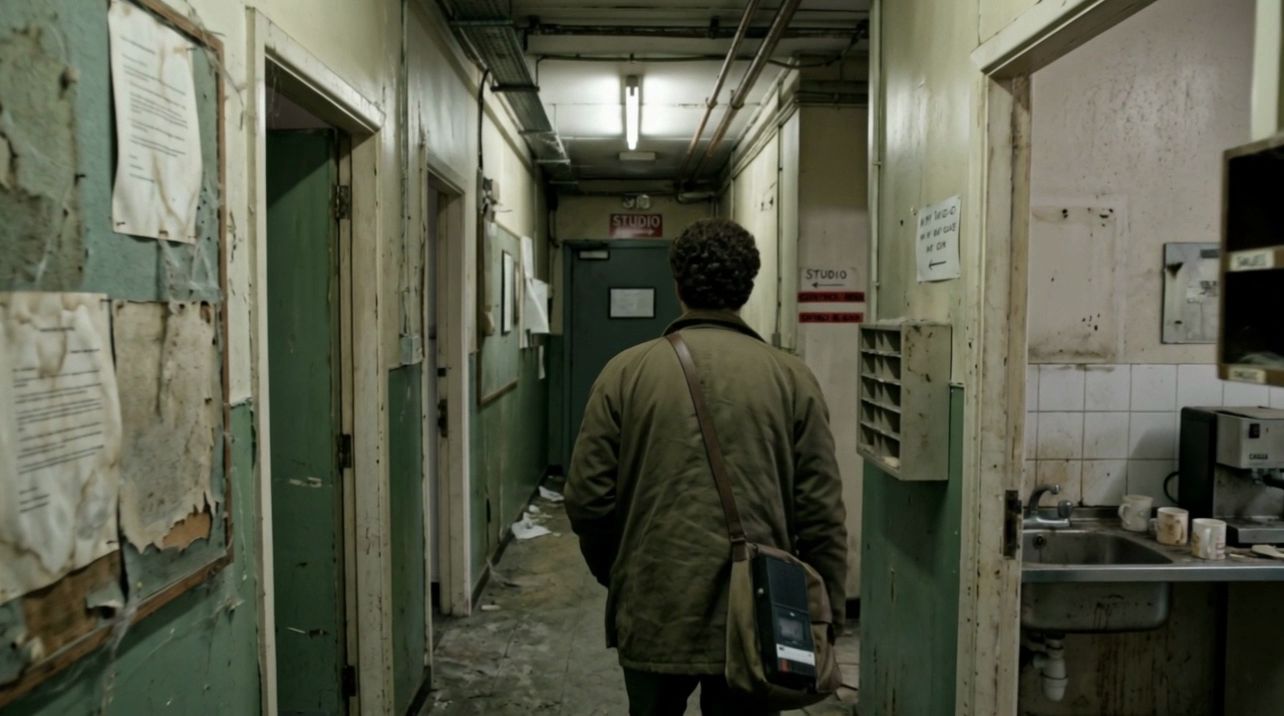 Still frame: the presenter walks down a dilapidated green corridor towards a door marked Studio, peeling notices on the wall and a depleted coffee kitchen to the side