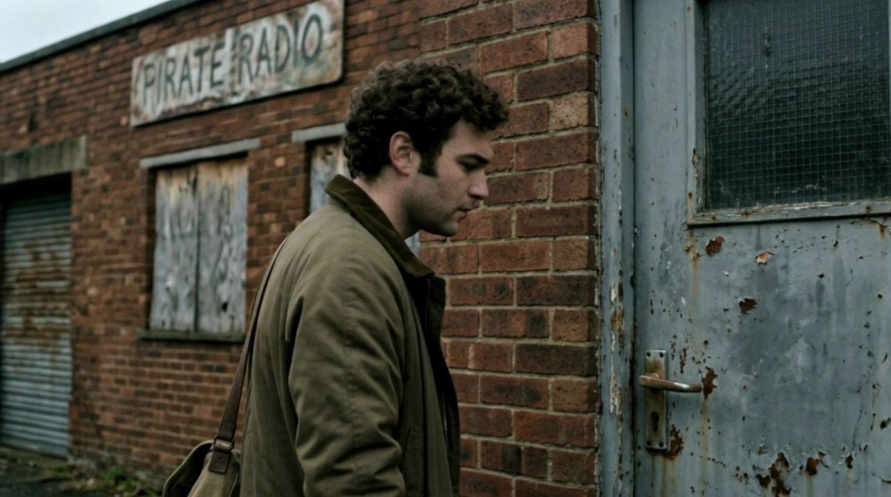 Still frame from Pirate Radio: a man with a shoulder bag standing at a rusted blue door of a derelict brick building, a painted sign reading Pirate Radio above boarded-up windows
